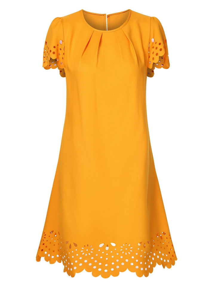 She slips into this Yellow 1960s Hollow A-Line Solid Dress and suddenly it&