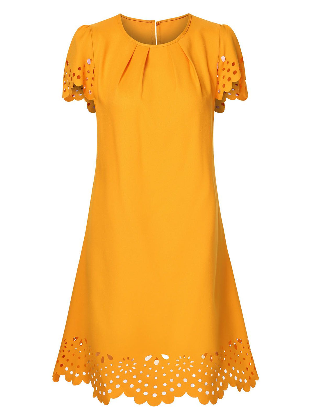She slips into this Yellow 1960s Hollow A-Line Solid Dress and suddenly it&