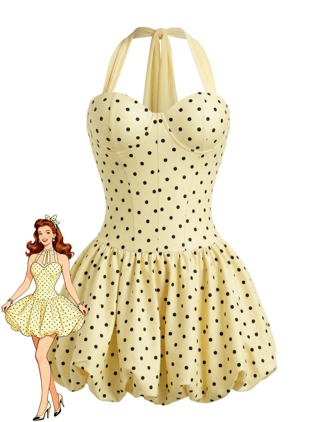 Yellow 1960s Polka Dot Halter Bud Dress, vintage dress, retro fashion - perfect for women who love vintage and retro fashion