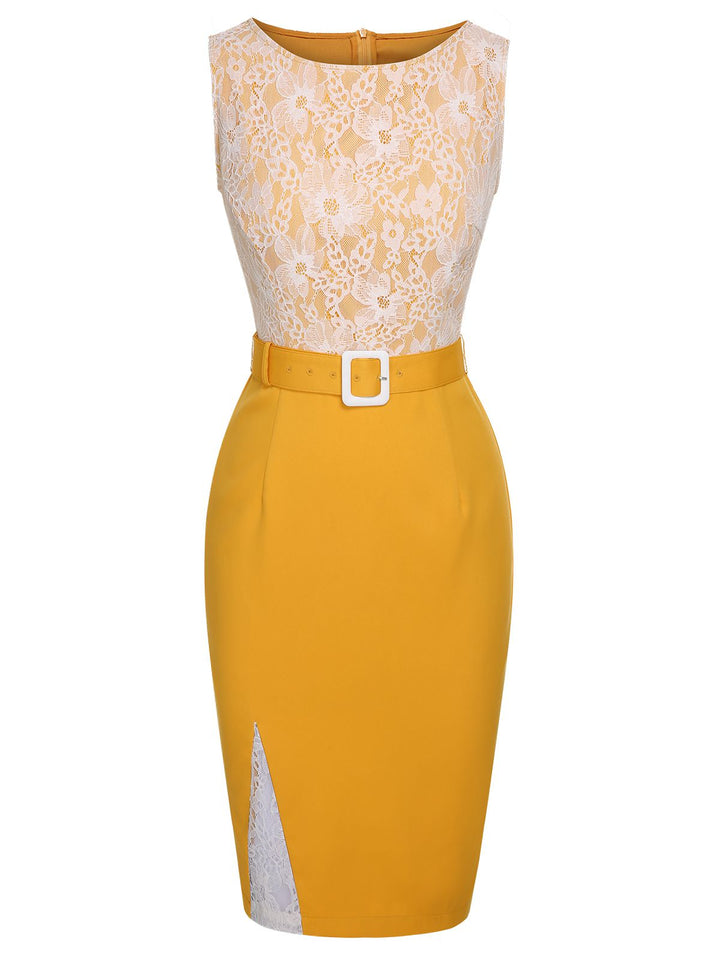 Yellow 1960s Solid Lace Patchwork Belt Dress, vintage dress, retro fashion, lace detail - perfect for women who love vintage and retro fashion
