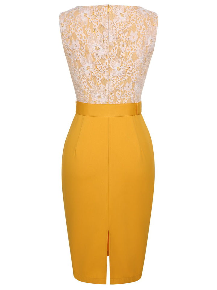Yellow 1960s Solid Lace Patchwork Belt Dress, vintage dress, retro fashion, lace detail - perfect for women who love vintage and retro fashion