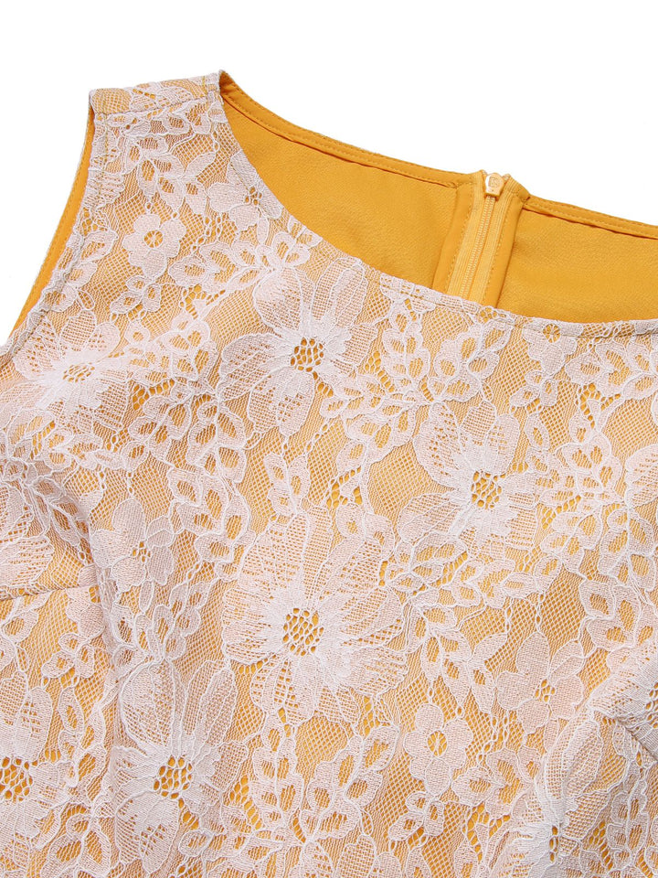 Yellow 1960s Solid Lace Patchwork Belt Dress, vintage dress, retro fashion, lace detail - perfect for women who love vintage and retro fashion