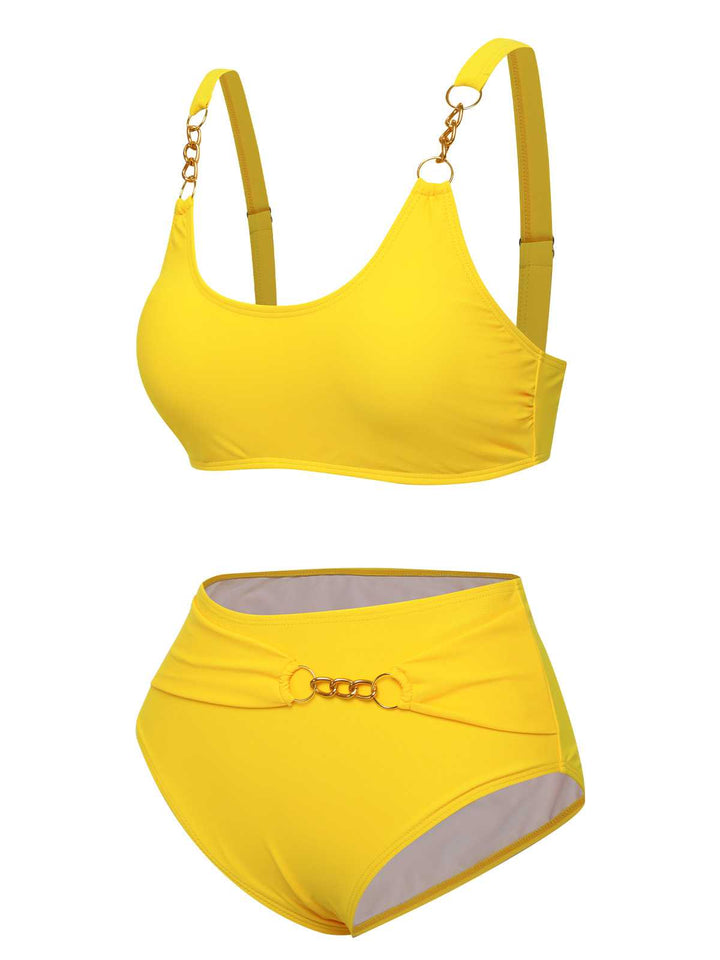Yellow 1960s Spaghetti Strap Backless Solid Swimsuit: 1960s Riviera elegance, reimagined for her