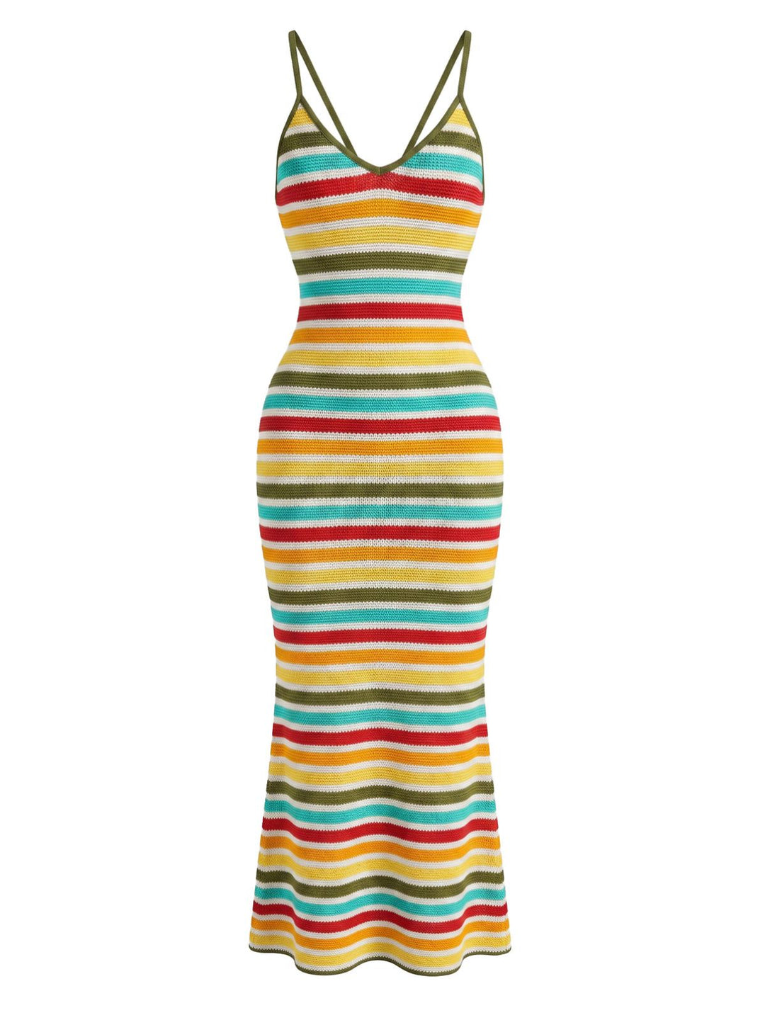 Yellow 1960s Spaghetti Strap Striped Bodycon Slim Dress 3