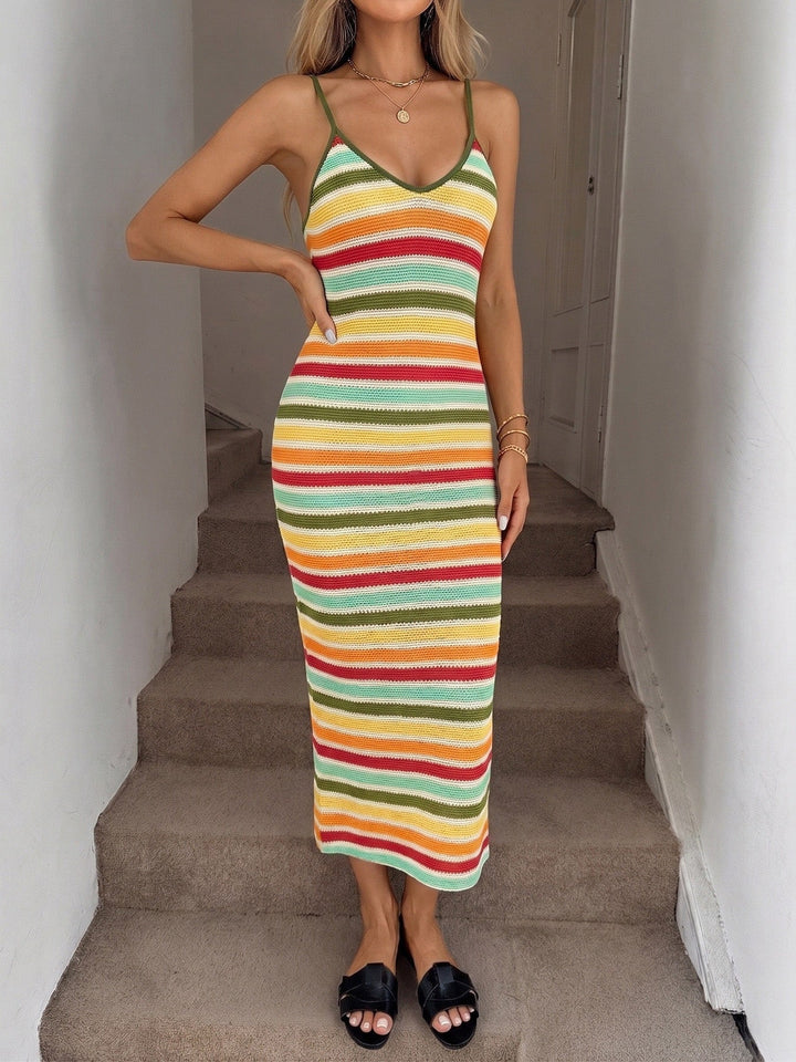 Yellow 1960s Spaghetti Strap Striped Bodycon Slim Dress 5