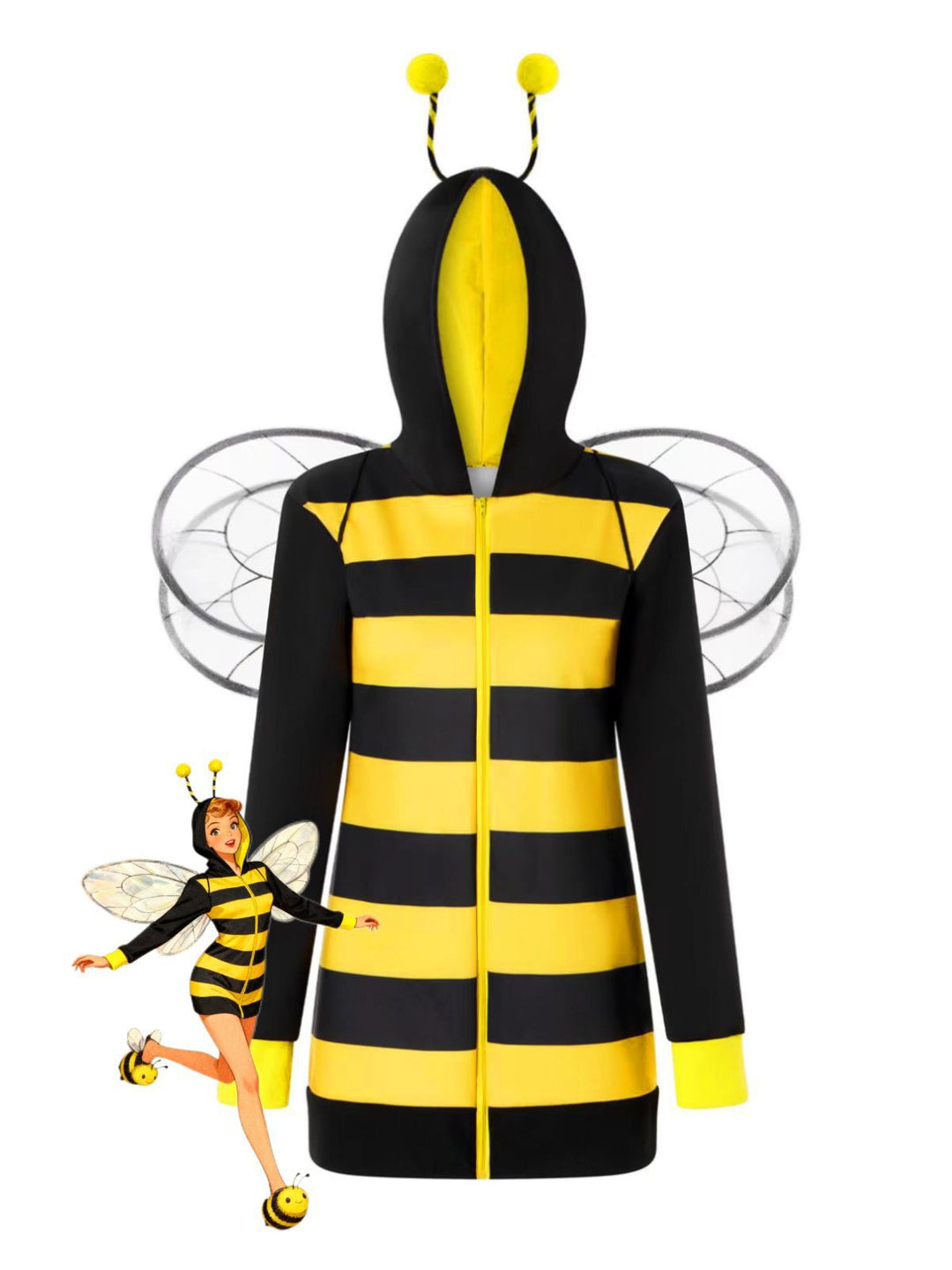 Yellow 1960s Striped Bee Cosplay Hooded Dress - vintage dress, retro fashion