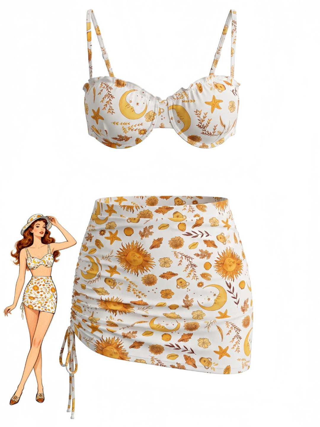 Yellow Bikini Set Cover Up 3PCS, vintage swimsuit, swimwear - perfect for women who love vintage and retro fashion
