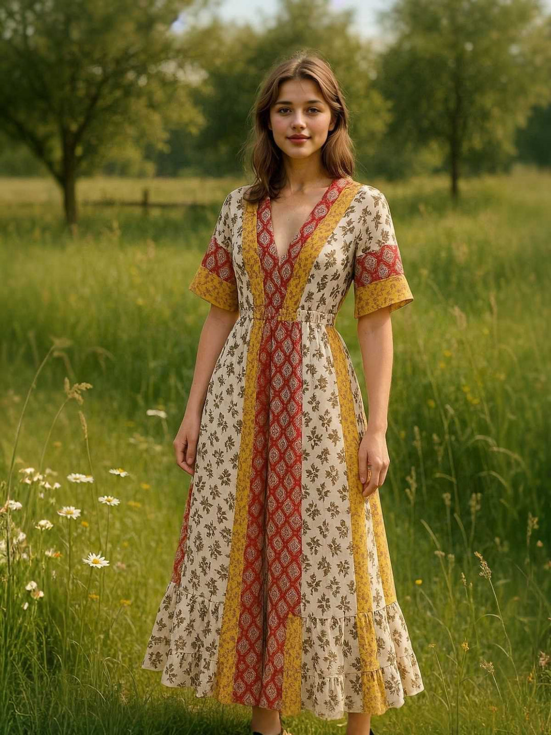 Yellow 1970s Bohemian Floral Tribal Pattern Jumpsuit: timeless 1970s elegance she makes her own