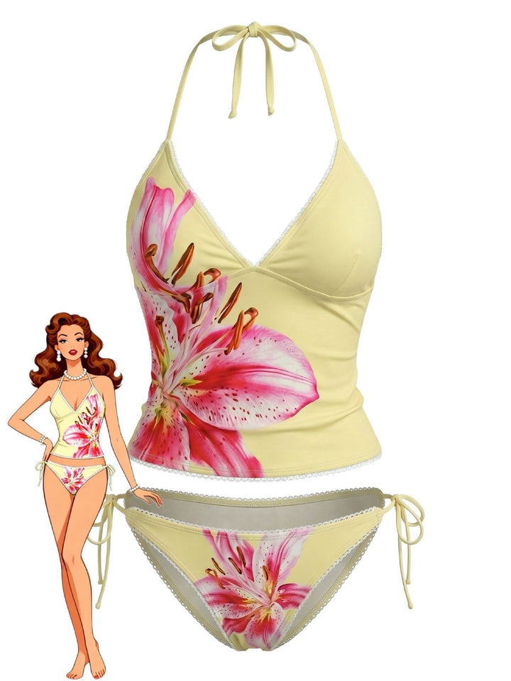 Yellow Floral Halter Lace-Up Swimsuit - vintage swimsuit, swimwear for vintage lovers