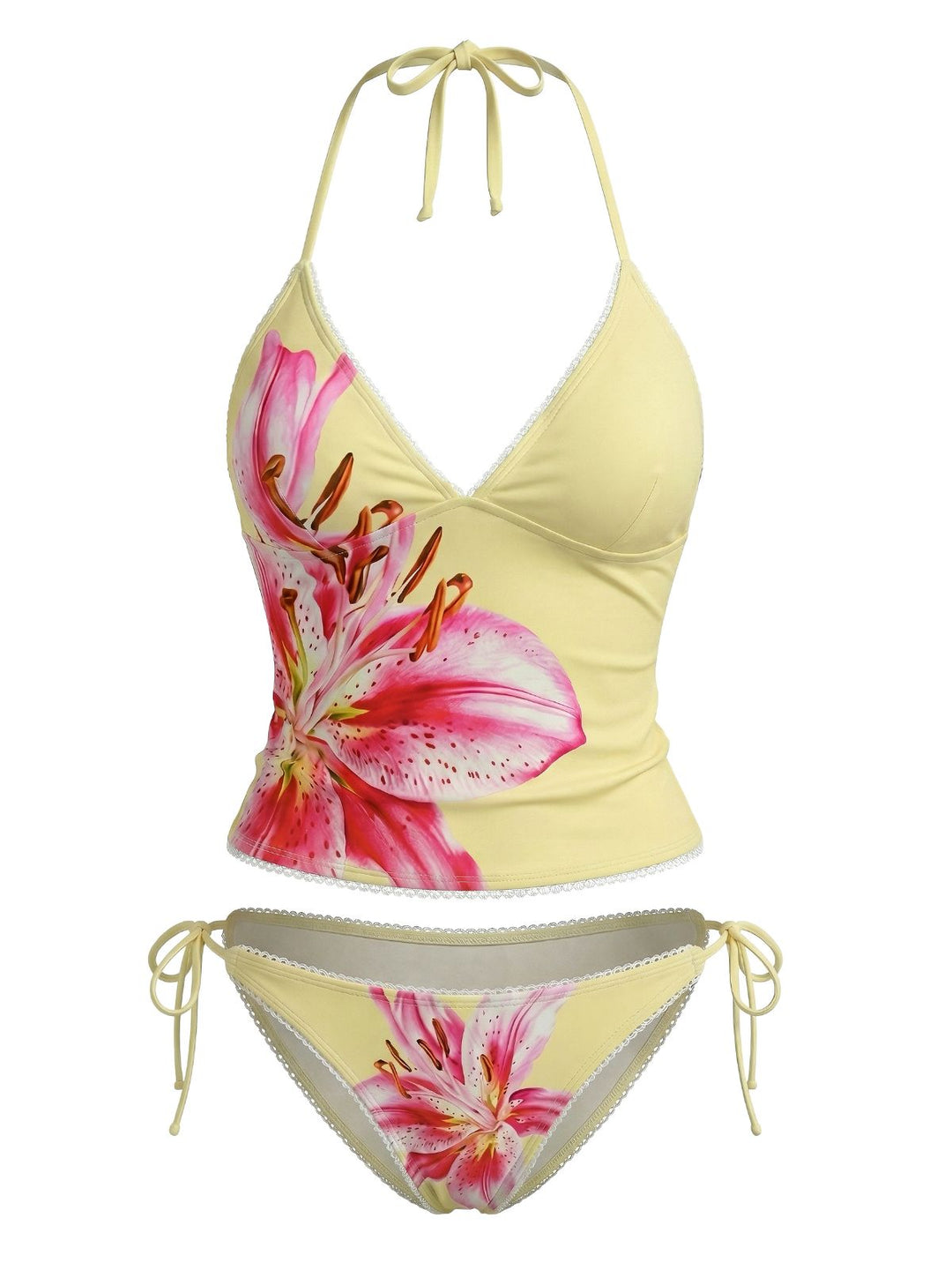 Yellow Floral Halter Lace-Up Swimsuit - vintage swimsuit, swimwear for vintage lovers