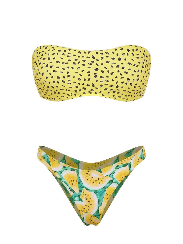 Yellow 1970s Kiwi Print Bandeau Bikini Set: beautiful vintage swimwear, retro swimsuit, pin-up style with timeless appeal