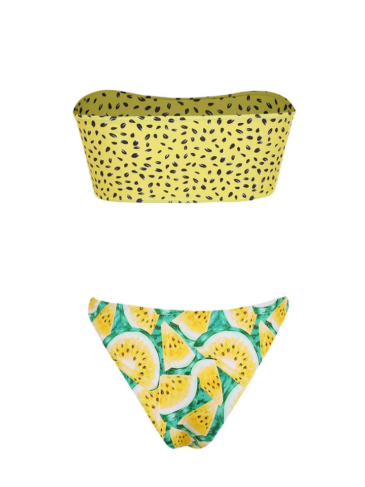 Yellow 1970s Kiwi Print Bandeau Bikini Set | vintage swimwear, retro swimsuit, pin-up style - perfect for retro fashion enthusiasts