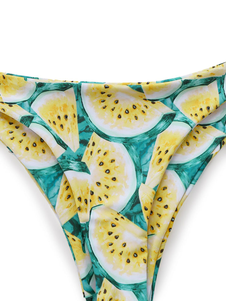 Yellow 1970s Kiwi Print Bandeau Bikini Set: beautiful vintage swimwear, retro swimsuit, pin-up style with timeless appeal
