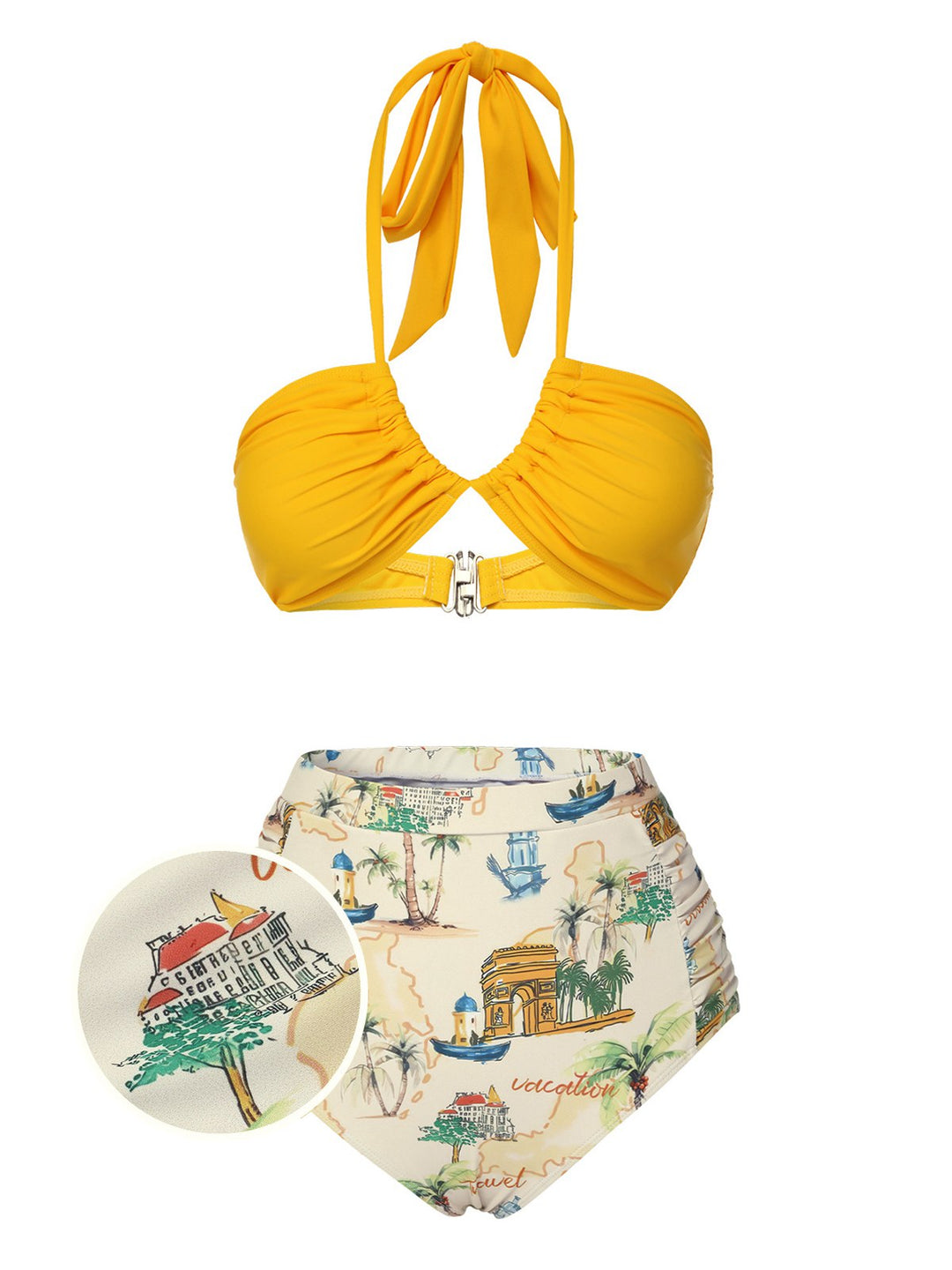 Yellow Retro Architectural Pattern Halter Swimsuit, vintage swimsuit, swimwear - perfect for women who love vintage and retro fashion