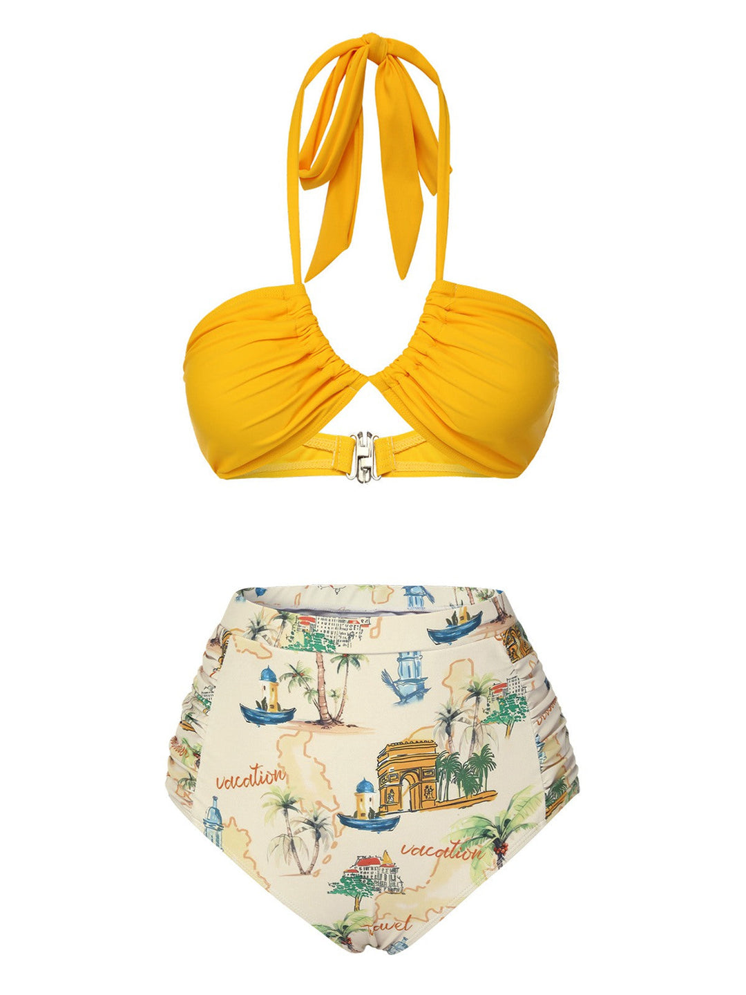 Yellow Retro Architectural Pattern Halter Swimsuit, vintage swimsuit, swimwear - perfect for women who love vintage and retro fashion