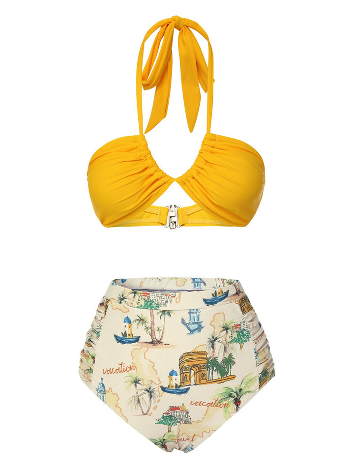 Yellow Retro Architectural Pattern Halter Swimsuit, vintage swimsuit, swimwear - perfect for women who love vintage and retro fashion