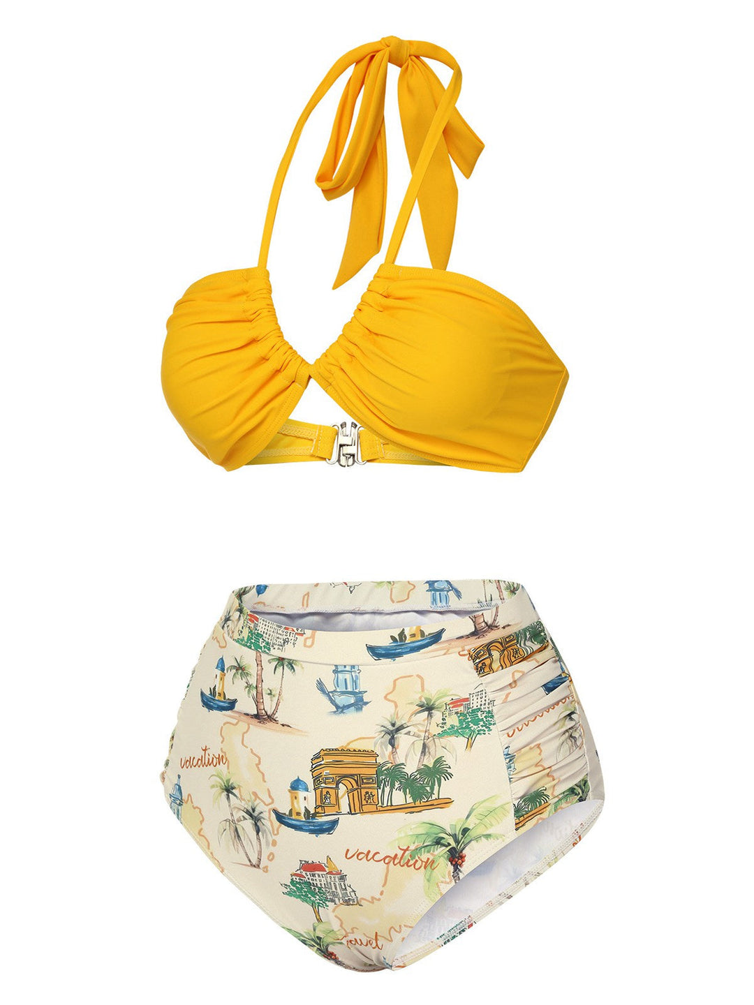 Yellow Retro Architectural Pattern Halter Swimsuit, vintage swimsuit, swimwear - perfect for women who love vintage and retro fashion