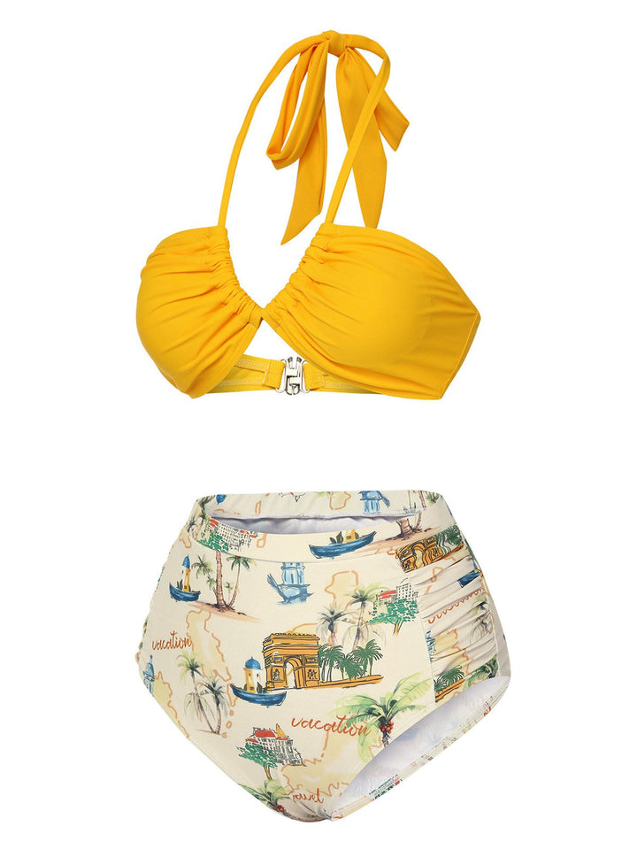 Yellow Retro Architectural Pattern Halter Swimsuit, vintage swimsuit, swimwear - perfect for women who love vintage and retro fashion