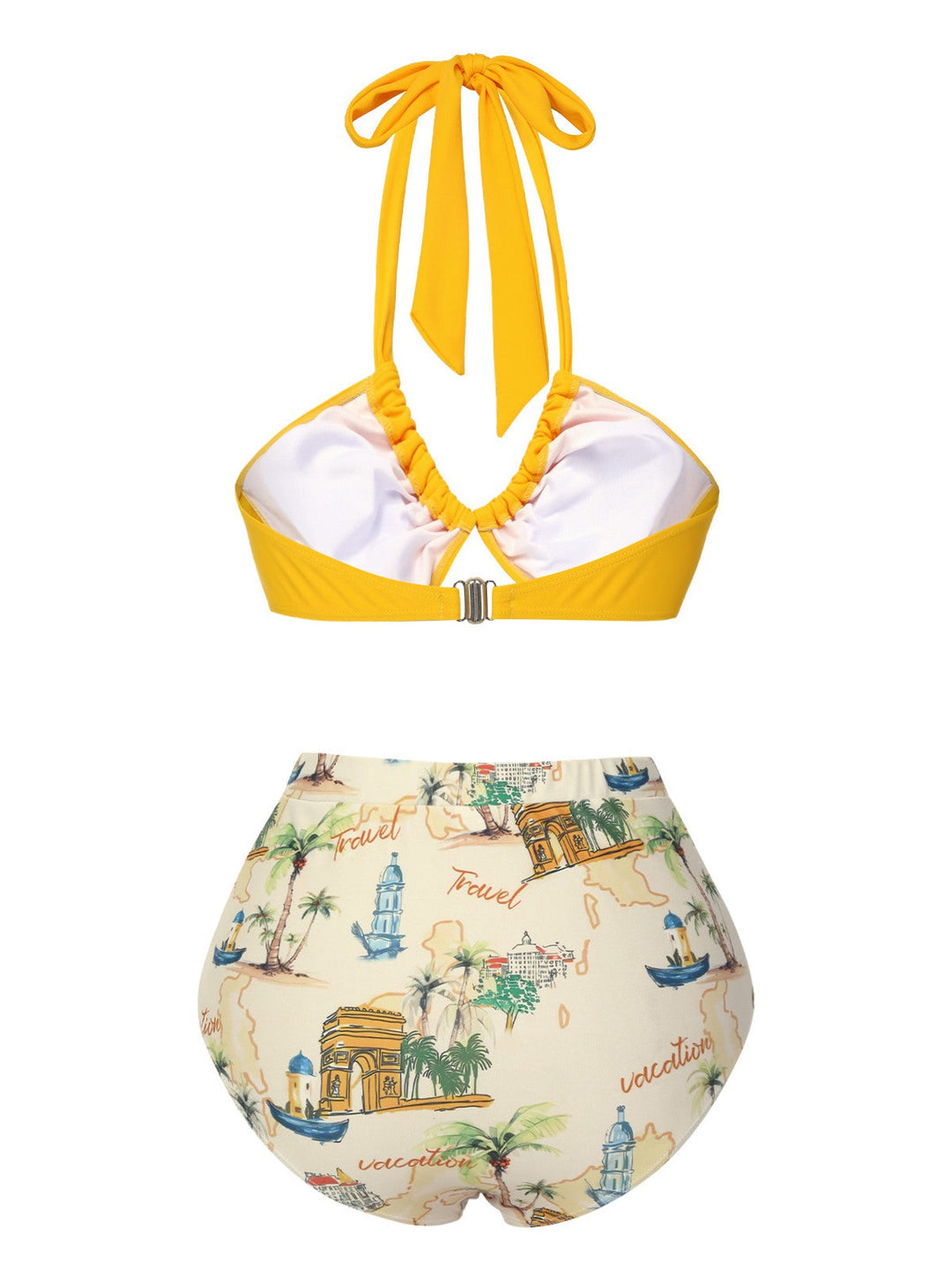 Yellow Retro Architectural Pattern Halter Swimsuit, vintage swimsuit, swimwear - perfect for women who love vintage and retro fashion