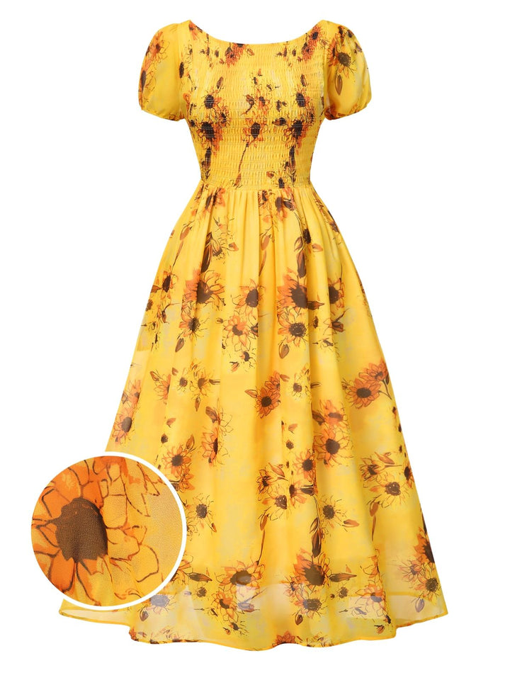 She slips into this Yellow 1970s Scoop Midi A-line Sunflower Dress and suddenly it&