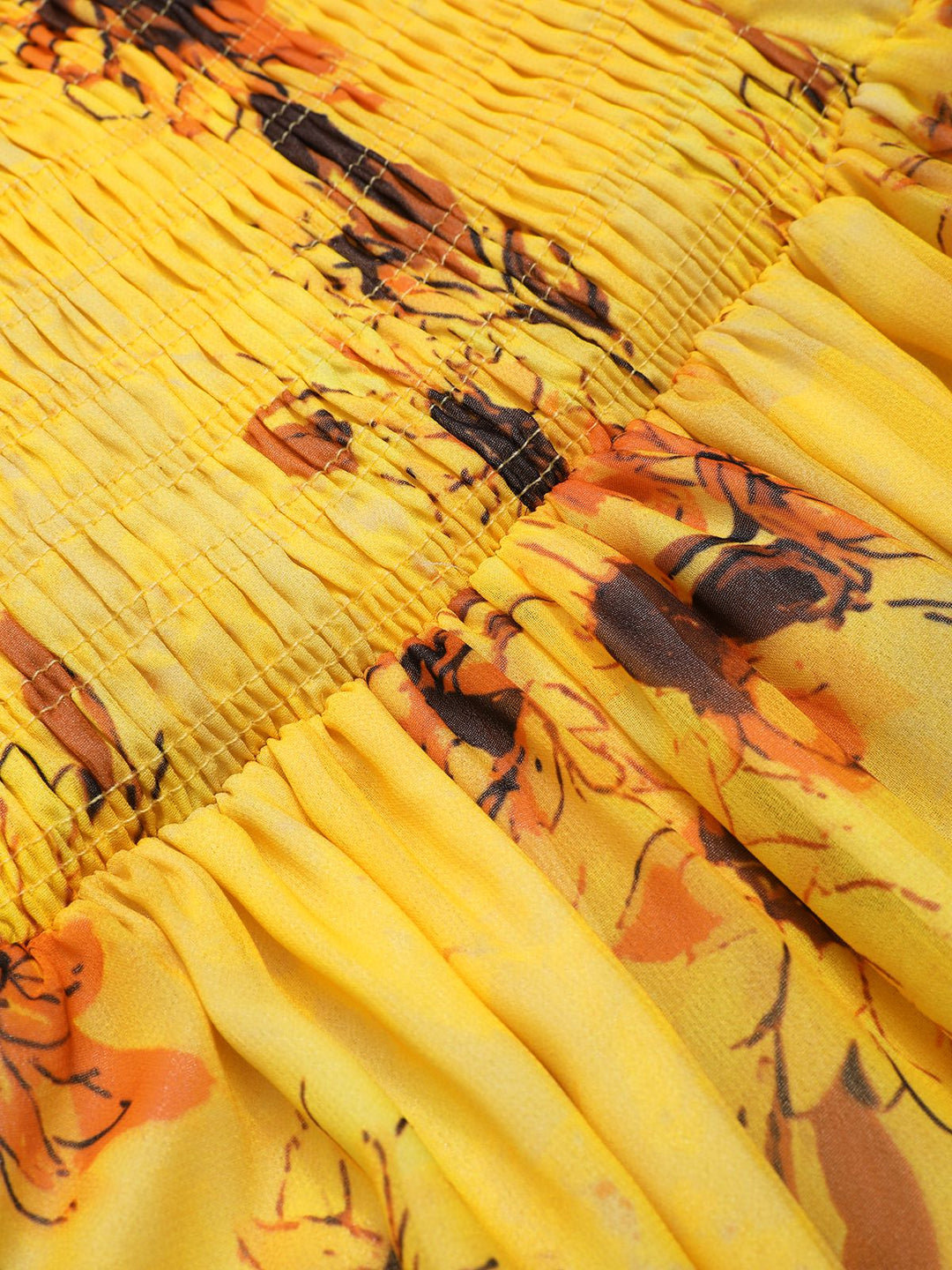 Yellow 1970s Scoop Midi A-line Sunflower Dress — the kind of 1970s dress that makes strangers smile