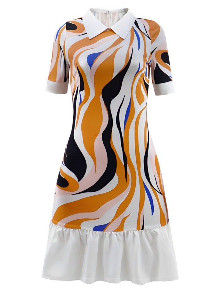 She slips into this Yellow 1970s Shirt Collar Patchwork Ruffle Dress and suddenly it&