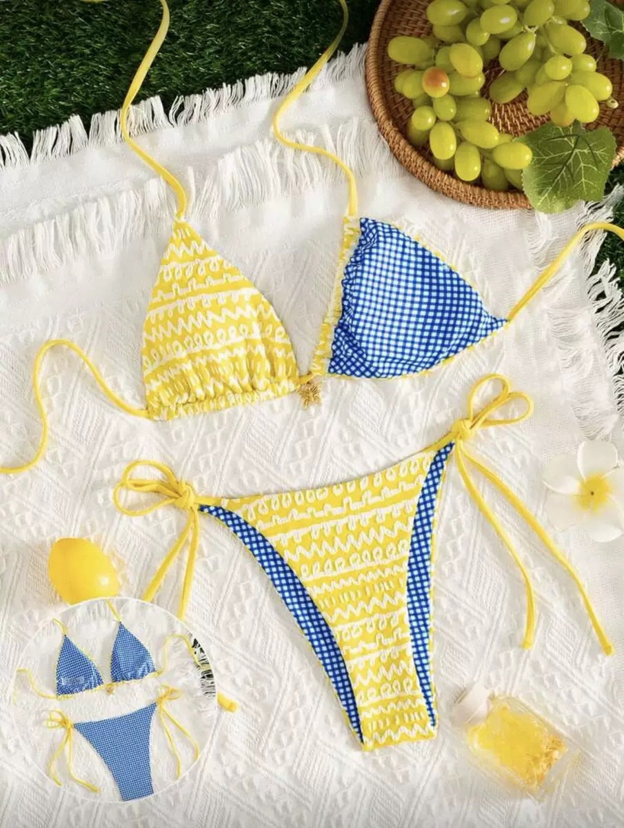 Yellow Colorblock Suspender Vintage Bikini, vintage swimsuit, swimwear - perfect for women who love vintage and retro fashion