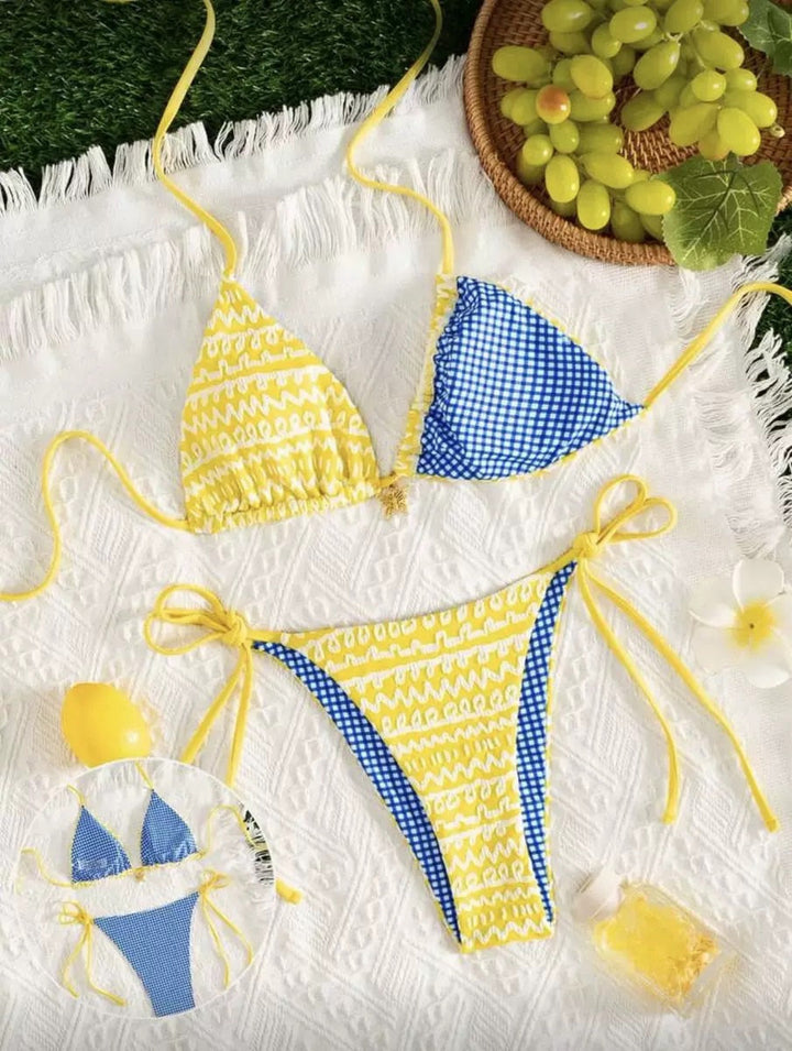 Yellow Colorblock Suspender Vintage Bikini, vintage swimsuit, swimwear - perfect for women who love vintage and retro fashion