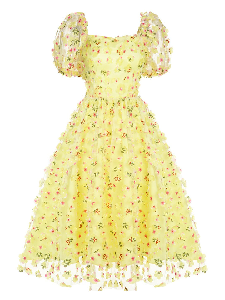Yellow 3D Floral Puff Sleeves Swing Dress, vintage dress, retro fashion, rockabilly, pin-up fashion - perfect for women who love vintage and retro fashion