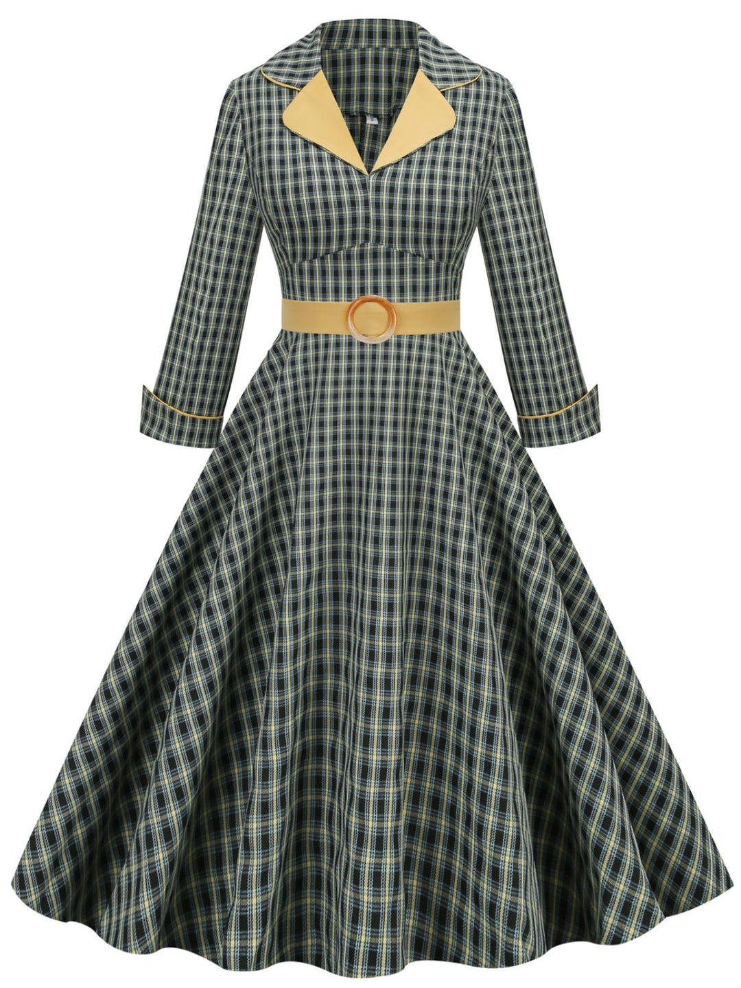 Yellow &amp; Black 1950s Plaid Lapel Belt Swing Dress: timeless style reimagined