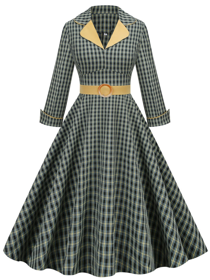 Yellow &amp; Black 1950s Plaid Lapel Belt Swing Dress: timeless style reimagined