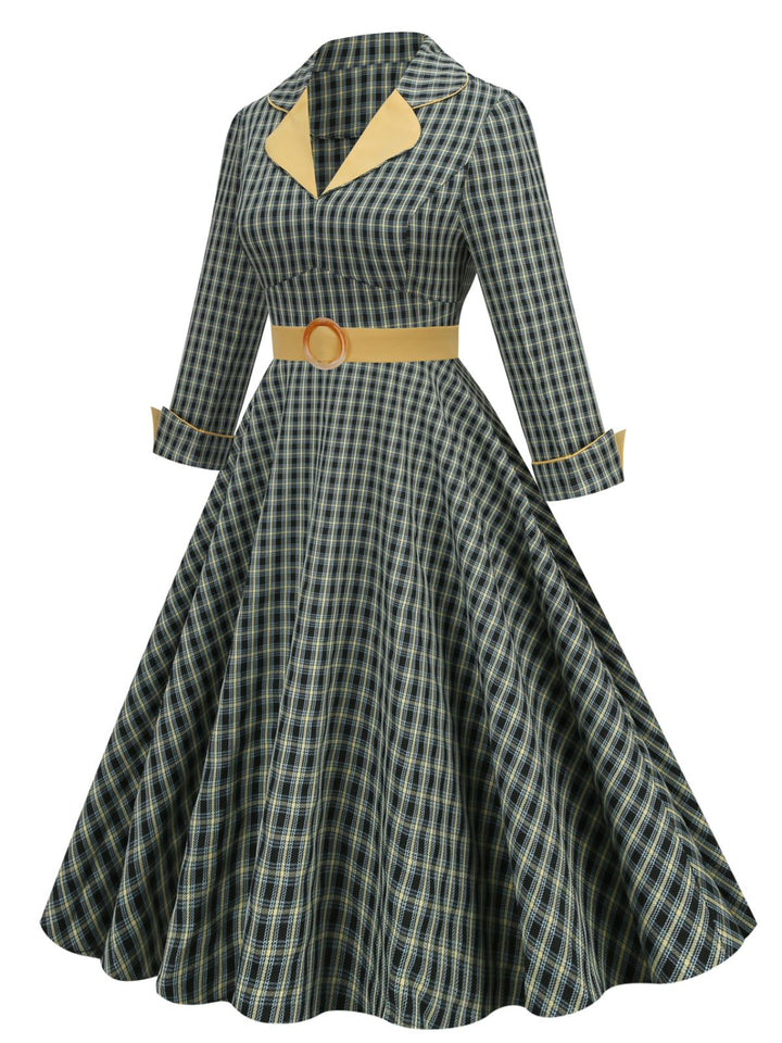 Yellow &amp; Black 1950s Plaid Lapel Belt Swing Dress — vintage elegance for the modern woman
