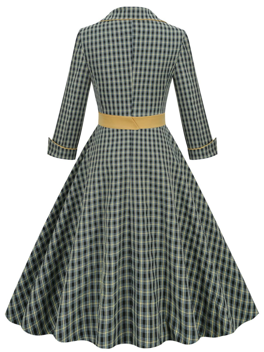 Yellow &amp; Black 1950s Plaid Lapel Belt Swing Dress: timeless style reimagined