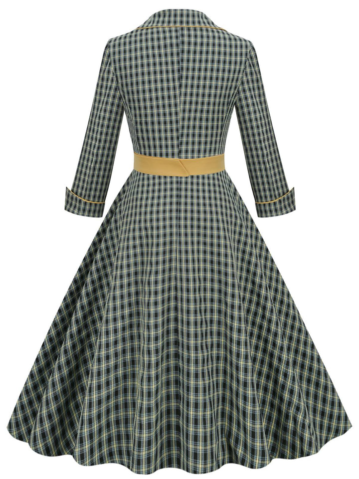Yellow &amp; Black 1950s Plaid Lapel Belt Swing Dress: timeless style reimagined