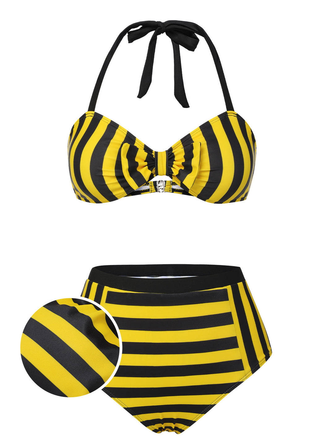 Yellow &amp; Black 1970s Striped Bow Halter Swimsuit, vintage swimsuit, pin-up swimwear - perfect for women who love vintage and retro fashion