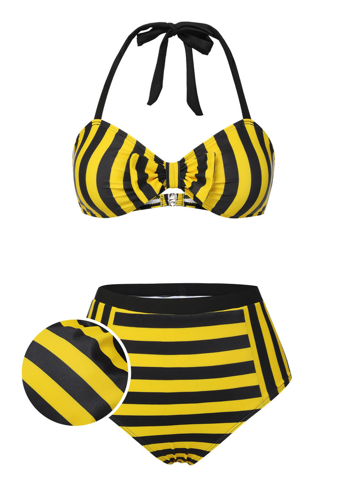 Yellow &amp; Black 1970s Striped Bow Halter Swimsuit, vintage swimsuit, pin-up swimwear - perfect for women who love vintage and retro fashion