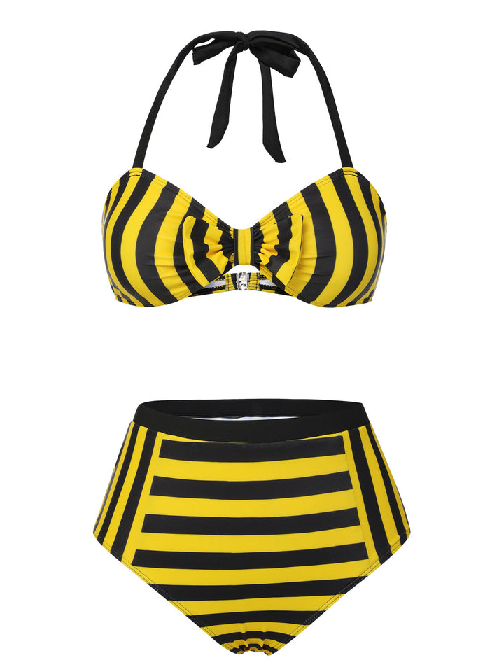 Yellow &amp; Black 1970s Striped Bow Halter Swimsuit, vintage swimsuit, pin-up swimwear - perfect for women who love vintage and retro fashion