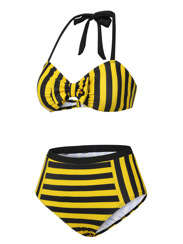 Yellow &amp; Black 1970s Striped Bow Halter Swimsuit, vintage swimsuit, pin-up swimwear - perfect for women who love vintage and retro fashion