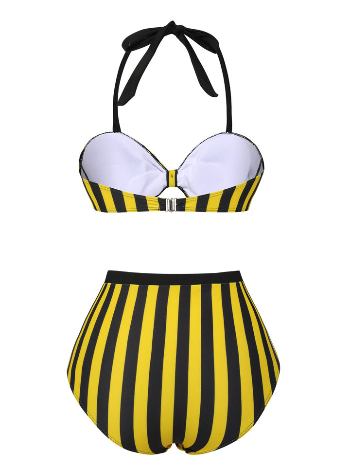 Yellow &amp; Black 1970s Striped Bow Halter Swimsuit, vintage swimsuit, pin-up swimwear - perfect for women who love vintage and retro fashion