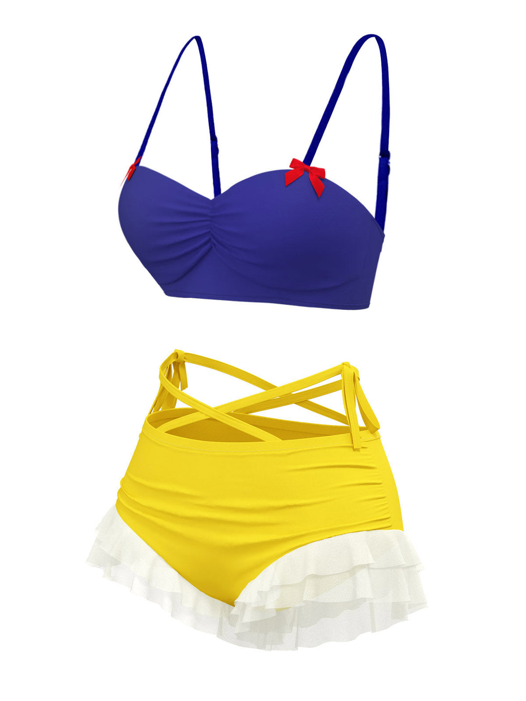 This Yellow &amp; Blue 1950s Snow White Style Ruffled Swimsuit carries 1950s vacation dreams in every stitch