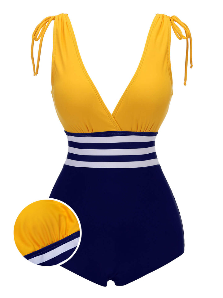 Yellow &amp; Blue 1950s Striped Lace-Up Swimsuit, vintage swimsuit, pin-up swimwear - perfect for women who love vintage and retro fashion