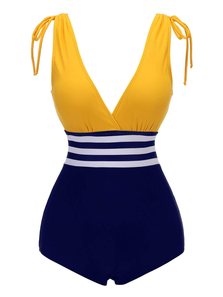 Yellow &amp; Blue 1950s Striped Lace-Up Swimsuit, vintage swimsuit, pin-up swimwear - perfect for women who love vintage and retro fashion