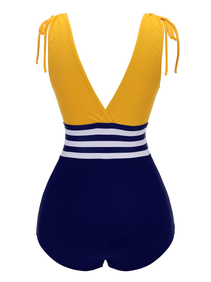 Yellow &amp; Blue 1950s Striped Lace-Up Swimsuit, vintage swimsuit, pin-up swimwear - perfect for women who love vintage and retro fashion