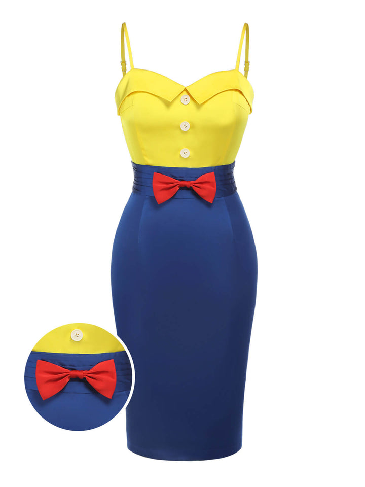 Yellow &amp; Blue 1960s Bow Strap Pencil Dress, vintage dress, retro fashion - perfect for women who love vintage and retro fashion