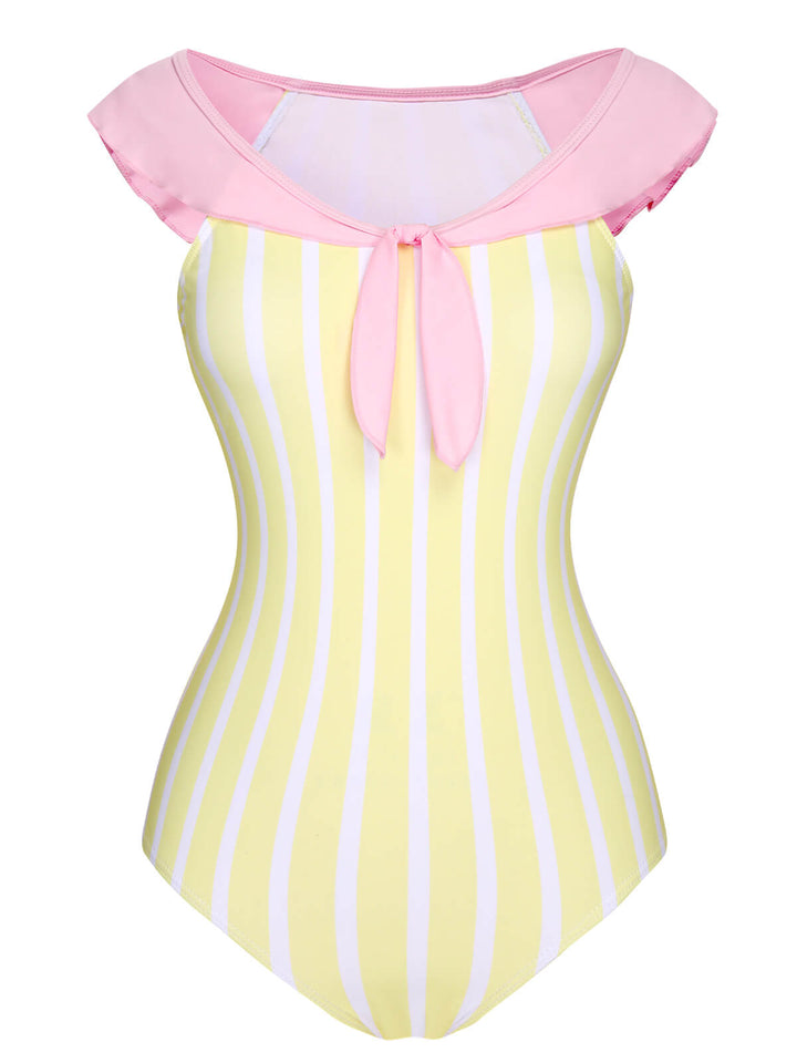Yellow &amp; Pink 1940s Stripe One-Piece Swimsuit, vintage swimsuit, pin-up swimwear - perfect for women who love vintage and retro fashion