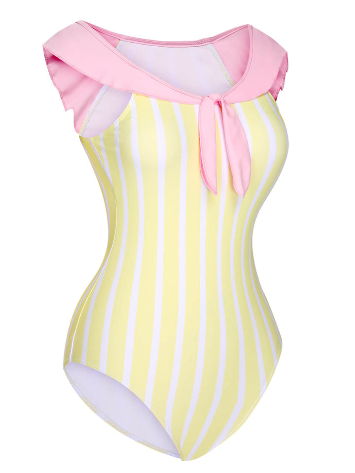 Yellow &amp; Pink 1940s Stripe One-Piece Swimsuit, vintage swimsuit, pin-up swimwear - perfect for women who love vintage and retro fashion