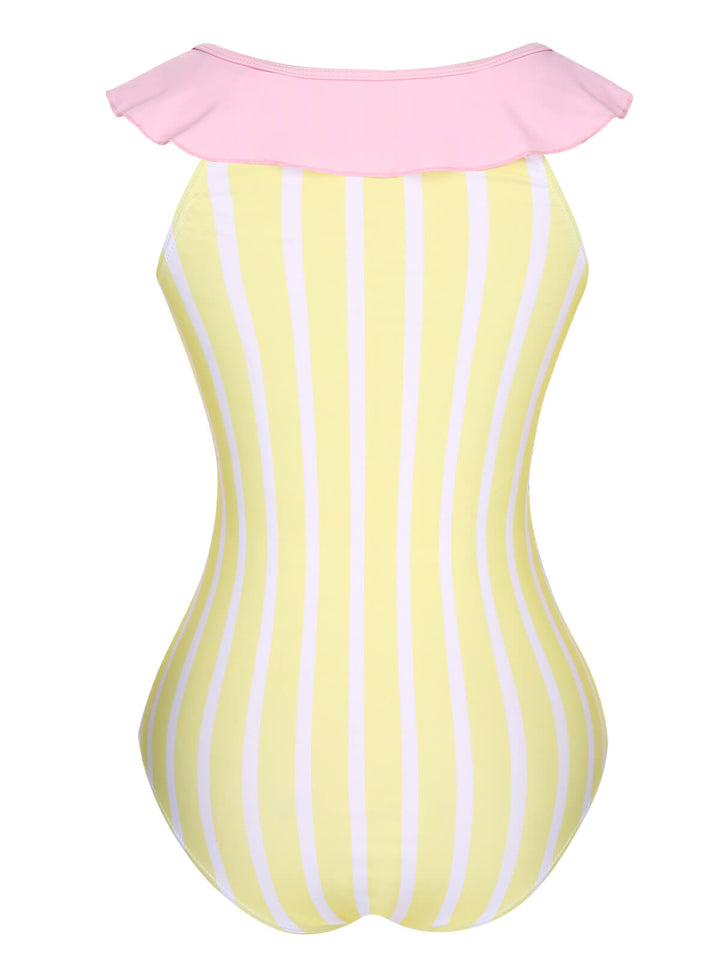 Yellow &amp; Pink 1940s Stripe One-Piece Swimsuit, vintage swimsuit, pin-up swimwear - perfect for women who love vintage and retro fashion