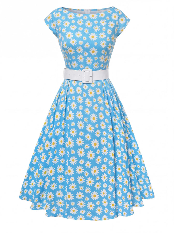 Blue Boat Neck Daisy Belted Dress 3:4 primary image