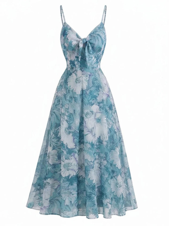 Blue Watercolor Floral V-neck Bohemian Dress 3:4 primary image