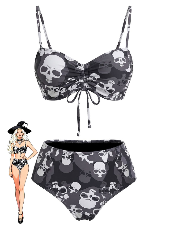 Black Gothic Skull Printed Drawstring Bikini Set